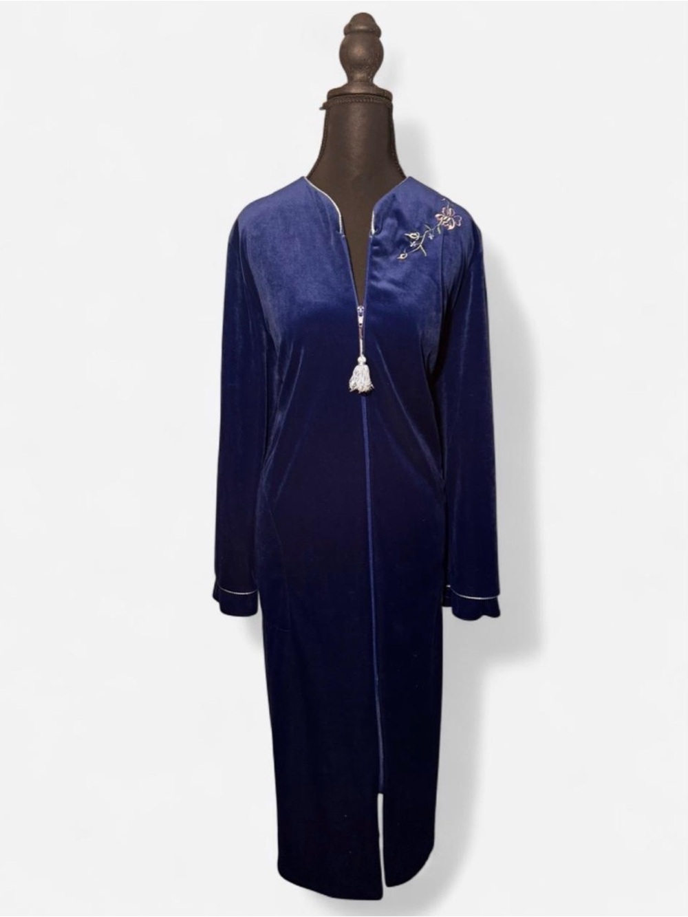 Hamilton Navy Velvet Zip-Front Robe with Tassel and Embroidery